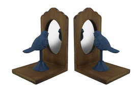 Scratch &amp; Dent Pretty Perch Blue Bird Looking Into Mirror Vintage Bookend Set - £15.05 GBP