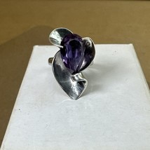 Pear Shaped Birthstone Amethyst Round Accents Sterling Silver Ring Sz 7 - $29.99