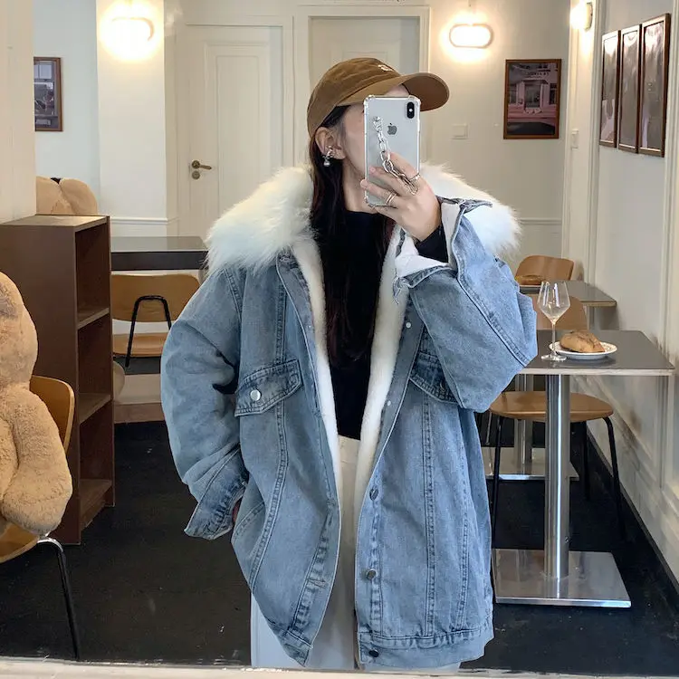 Denim coat with  collar women&#39;s winter Korean version loose 2022 new Harajuku th - £186.60 GBP