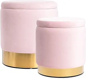 Round Storage Ottoman, Pink Velvet Ottoman With Storage For Living Room,... - £153.86 GBP