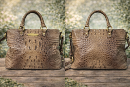 Brahmin Croc Embossed Leather Satchel Tote Shoulder Bag Brown Gold Hardware - $125.95