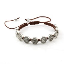 5Pcs Zinc Alloy Saint St Benedict Medal ON Adjustable Brown Cord Bracelets 8 Inc - £25.43 GBP