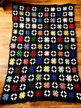 Granny Square Afghan 80’s Hand Crochet Black Multi Roseanne Sofa Throw 68” X 48” - £25.96 GBP