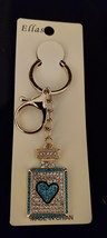 Perfume Bottle Rhinestone Keychain Purse Bag Charm Turqouise Heart Gold New - $9.47 CAD