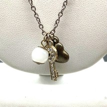 Vintage Silver Tone Charms Necklace, Chain with Tiny Abstract Heart, Pave Heart - £20.10 GBP
