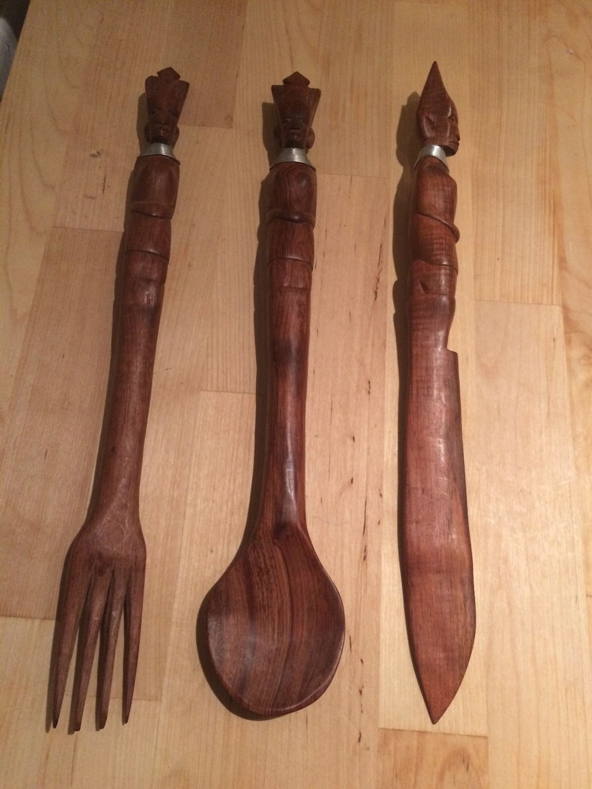 Primary image for 3 Pc Vtg TEAK WOOD Carved African Tribal Salad Fork Spoon Knife Serving Set MCM