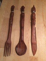 3 Pc Vtg TEAK WOOD Carved African Tribal Salad Fork Spoon Knife Serving ... - $47.50