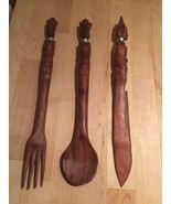 3 Pc Vtg TEAK WOOD Carved African Tribal Salad Fork Spoon Knife Serving ... - £37.35 GBP