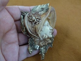 (CL82-24) Woman wearing Large Bonnet flowers hat ivory CAMEO Pin Pendant brooch - £32.39 GBP