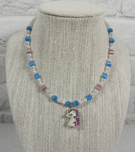 Unicorn Necklace Cat Eye Glass Pearl Crystal Beaded Girls Blue Handmade New - $16.82