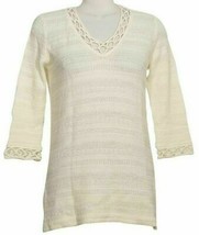 ST. JOHN Ivory Cream Textured Knit Stripe Wool Blend Tunic Top P XS - $199.99