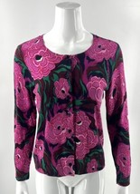 Talbots Womens Cardigan Sweater Sz Medium Petite Pink Green Floral Button Up - £23.30 GBP