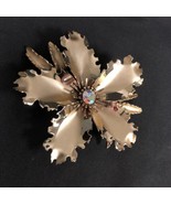 VNTG Gold Tone Metal Ruffle Flower Aurora Borealis Rhinestone Brooch &amp; E... - £21.00 GBP