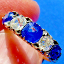 Earth mined Diamond Sapphire Cushion cut Deco Ring Antique Wedding Band 14k Gold - £4,983.00 GBP