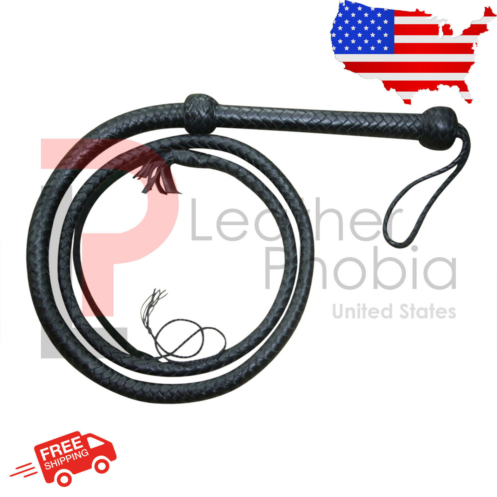 Genuine Kangaroo Leather Bullwhip - 4 To 12 Feet Long, 16 Plaits Heavy Duty - Black