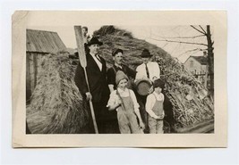 3 Men 3 Kids Hay Stack Oar and Keg Interesting Photo - £21.85 GBP