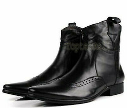 Handmade Men&#39;s Leather Chelsea Black Oxford Brogue Ankle Jumper Dress Boots-633 - £208.68 GBP