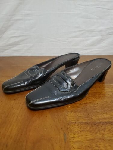 Sesto Meucci Black Leather White Stitching Mule Heel Loafer Shoes Size 9 - $25.19
