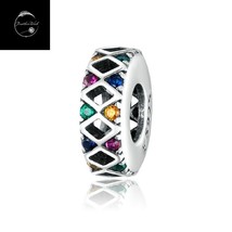 Rainbow Spacer Charm Genuine Sterling Silver 925 For Bracelets With Cubic Zircon - £15.37 GBP