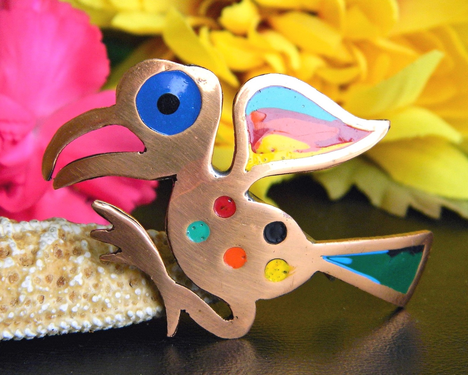 Primary image for Vintage Bird Brooch Pin Colorful Enamel Copper Abstract Peruvian Peru
