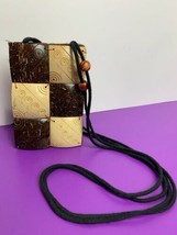 Brown and Tan Wood Square Checkered Small Handbag 5.5&quot; Tall Black Cloth Shoulder - £10.27 GBP