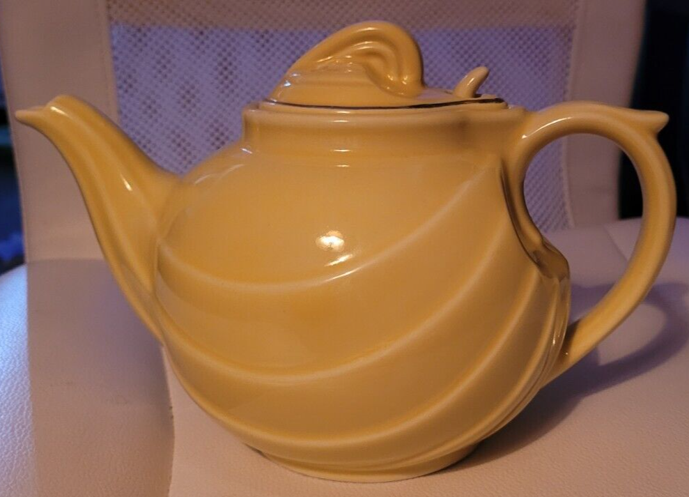 Vintage Hall Canary Yellow Tea Pot with Lid Gold Accents Draped U.S.A. P... - $31.98