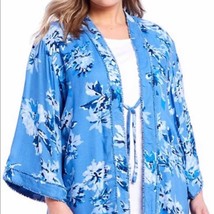Allison Daley indigo Blue orchid floral tie front kimono jacket Plus Siz... - $24.74