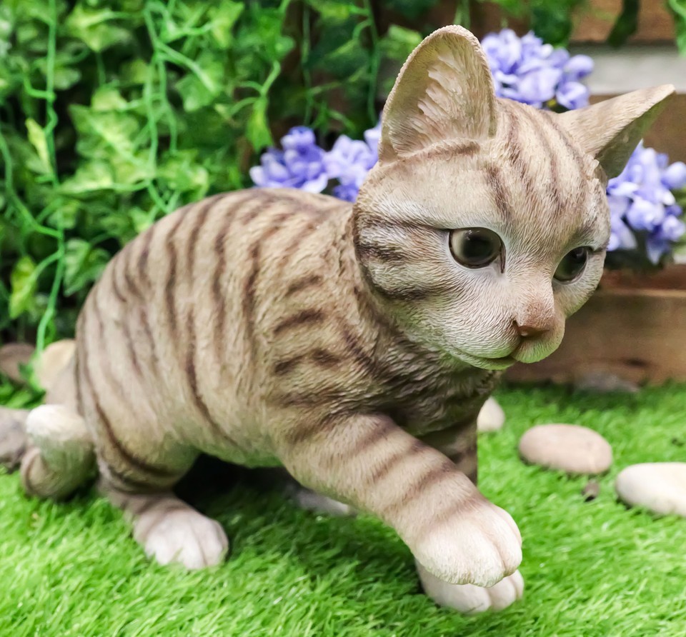Ebros Lifelike Pawing Grey Tabby Cat Statue 13.75&quot;Long With Glass Eyes - $54.99