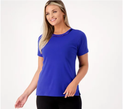 Quacker Factory Sequin Trimmed Round Neck Short Sleeve Top Royal Blue, M A552418 - £19.24 GBP