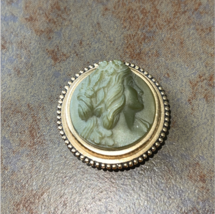 Vintage Estee Lauder Gold Tone Green Cameo Youth Dew Solid Perfume Compact - $74.99