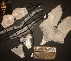 Victoria&#39;s Secret 34D,36C BRA SET+garter+TEDDY+clutch Gold lace Black Scandalous - £292.80 GBP