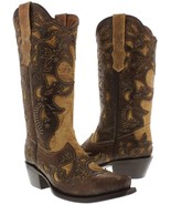 Womens Western Cowboy Boots Sand Overlay Real Leather Two Tone Snip Toe ... - £86.32 GBP