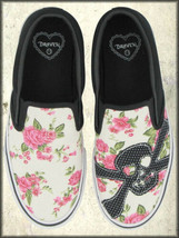 Draven Black Skull Bones Patch Pink Flowers Slip On Sneakers Shoes White SIZE 5 - £21.58 GBP