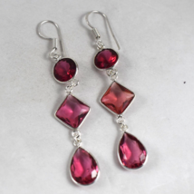 925 Sterling Silver Garnet &amp; Pink Quartz Gemstone Handmade Earrings Gift BES1562 - £29.92 GBP