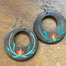 Estate Large Dutch Country Painted Wood Open Circle Dangle Earrings for Pierced  - £8.28 GBP
