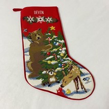 LL Bean Needlepoint Christmas Stocking Woodland Bear Deer Personalized DEVIN - £21.27 GBP