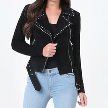 Trendy Black Genuine Suede Leather Jacket Silver Studs Front Zipper Customized 2 - £115.47 GBP