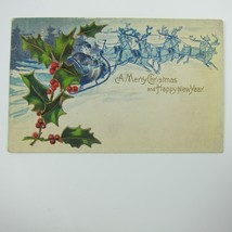 Christmas Postcard Santa Sleigh Reindeer Holly Berry Gold Embossed Antique 1908 - £11.70 GBP