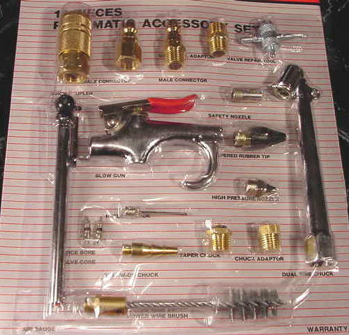 Primary image for 18pc AIR ACCESSORY KIT with BLOW GUN Tire Gauge and Chuck Wire Brush Couplers