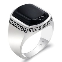 Turkey Jewelry Black Ring Men 925 Sterling Silver Natural Agate Stone Mens Rings - £39.25 GBP