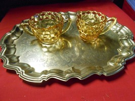 Great Yellow DEPRESSION Glass SUGAR &amp; CREAMER with FREE Brass Plate TRAY - £9.19 GBP