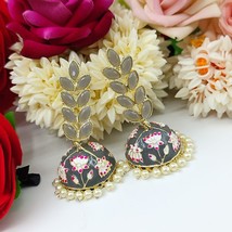 Bollywood Style Gold Plated Indian Fashion Jhumka Earrings Gray Jewelry Set - $18.99