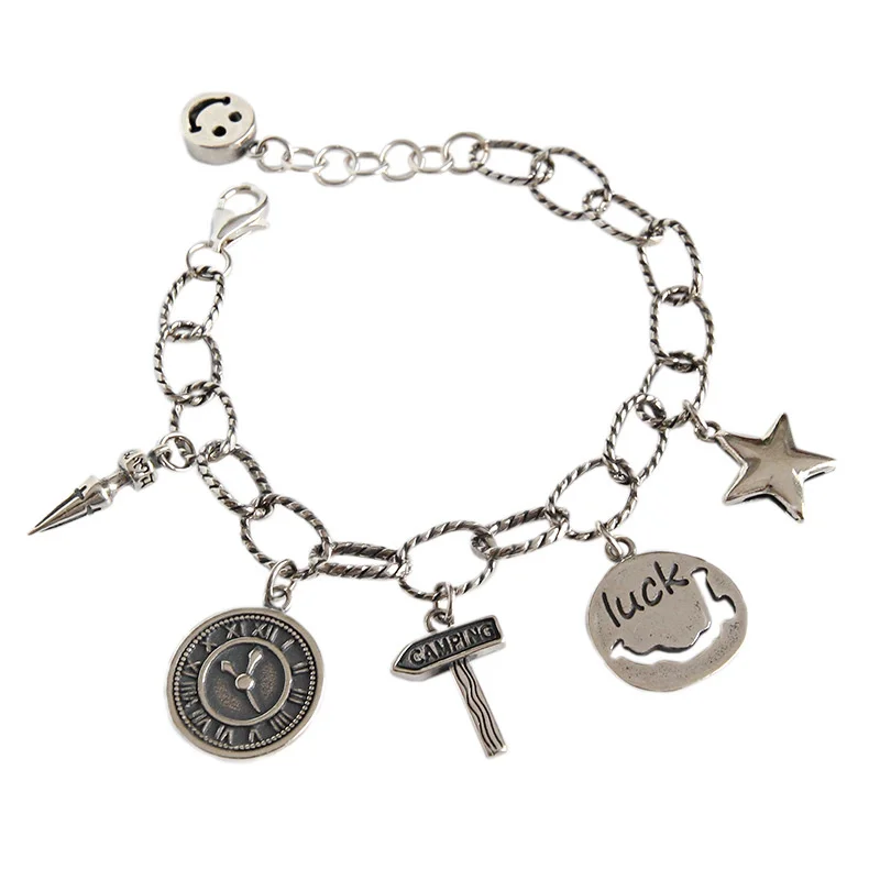 Real 925 Sterling Silver Smiling Bracelets Handmade Coin For Womens Accessoires  - £42.58 GBP