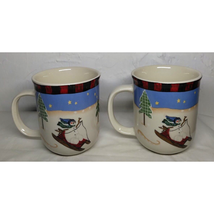 Set of 2 Snowmen Sledding Skiing Coffee Tea Mug 3&quot; x 3 3/4&quot; Winter Fun - $8.86