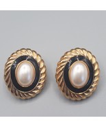 Faux Pearl Button Earrings Pierced Ear Gold Tone Black Enamel Stud Oval ... - €13,01 EUR