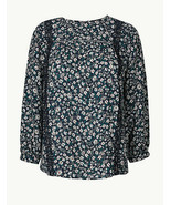 Ladies/Women&#39;s EX M&amp;S  Navy Mix Print Blouse with Linen size 24 - $28.63