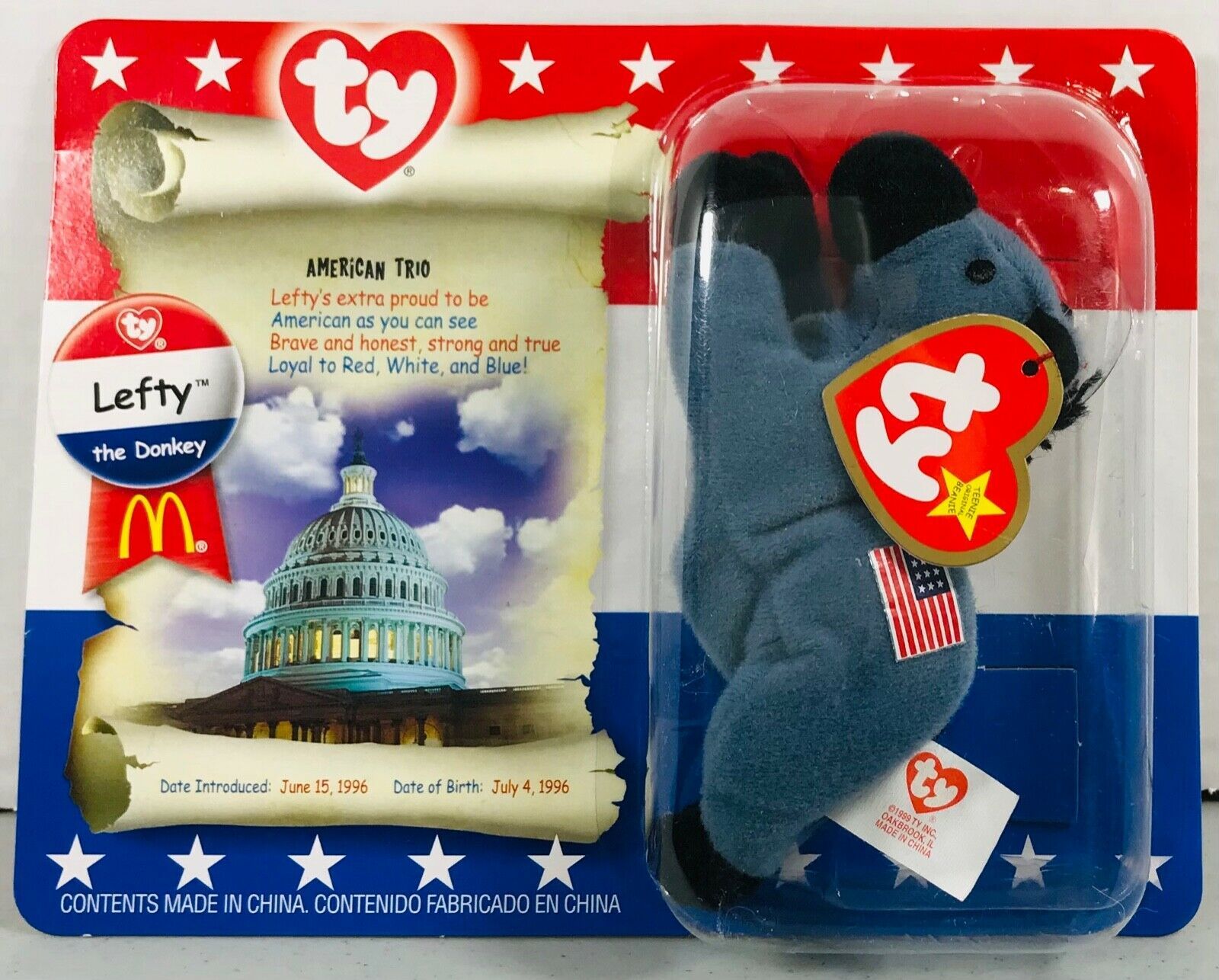 Primary image for TY ORIGINAL Lefty The Donkey Beanie Baby **IN ORIGINAL PACKAGING Tag Errors Rare