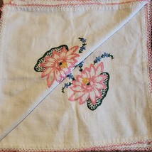 Vintage Handmade Embroidery Linen Table Cloth 34x34 Inch Pink Flower - $26.18