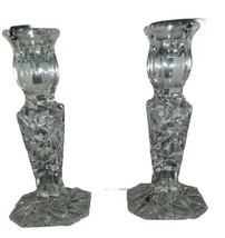 Pair of Crystal Cut Candlestick Holders Etched Star of David 5 3/4&quot; Tall - £16.46 GBP