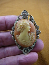(CM19-26) Sweet LADY ivory + orange oval CAMEO brass PIN Pendant Brooch jewelry - £25.76 GBP